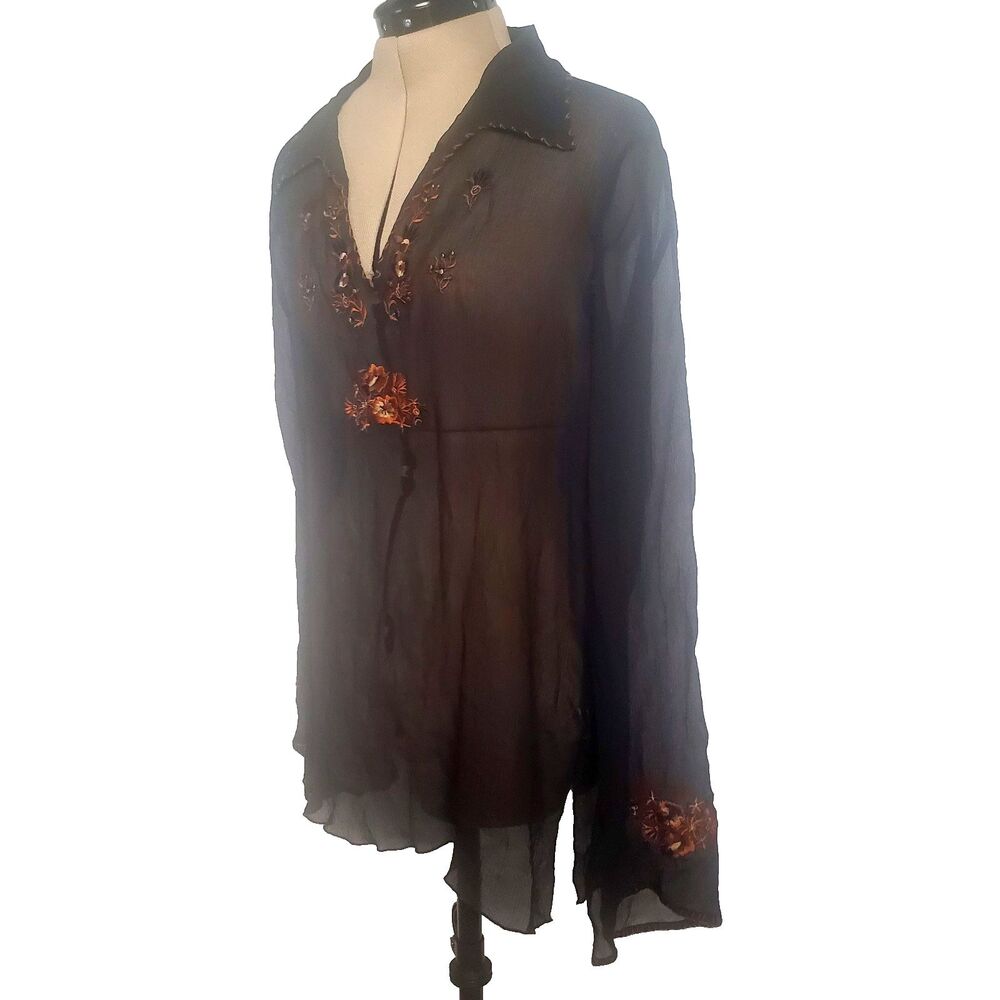 Vintage Karen Kane Women's Silk Top Size XL Black Sheer Embroidered Collared